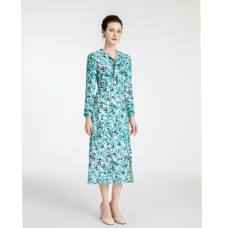 司歌端庄V领气质长袖连衣裙A881229