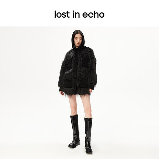 lost in echo设计师品牌时尚多口袋长毛环保皮草宽松直筒拼接外套 商品图4