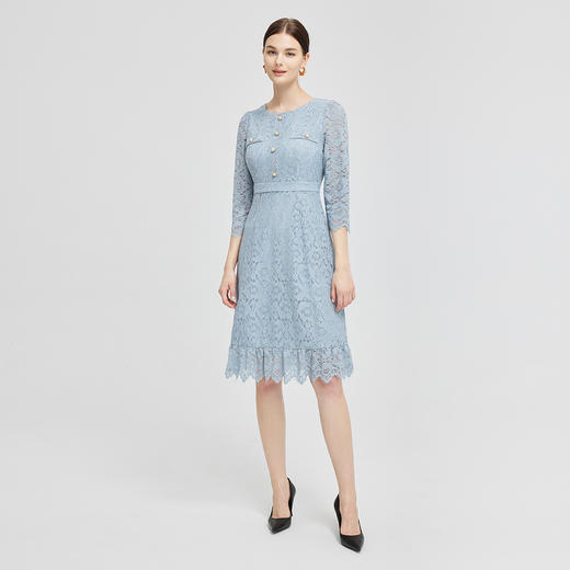 NG832斯尔丽2023秋季新款蕾丝减龄修身显瘦圆领连衣裙 商品图3