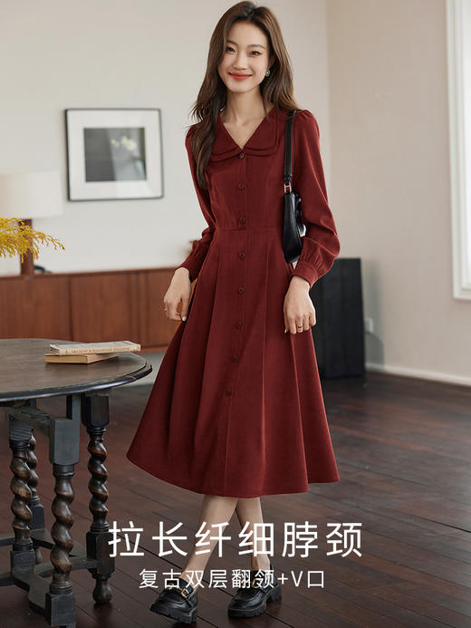 【专属特价】熙世界衬衫式红色连衣裙女秋冬2025新款法式磨绒收腰显瘦A字裙子 商品图2