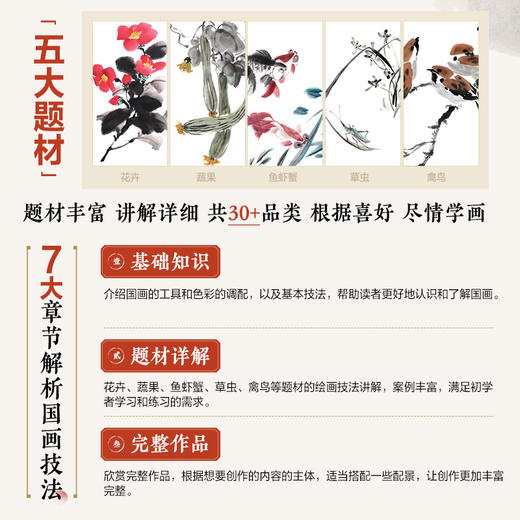 国画技法综合教程 新手入门一本通 正统国画技法入门*基础教程书籍写意临摹入门自学牡丹梅兰竹菊动物花鸟水墨中国画图册范本 商品图2
