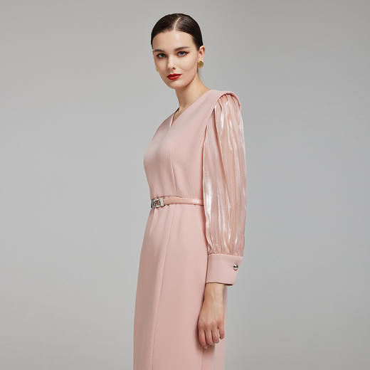 NG833斯尔丽2023秋季新款立体袖玻璃纱袖子配腰带时尚职场韩版连衣裙 商品图2