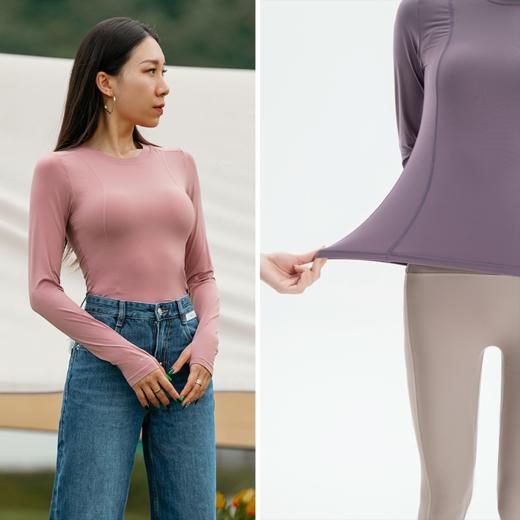 [随单洗护袋] 【裸感奶茶衣】带胸垫-不带胸垫都有-秋冬紧身上衣女紧身瑜伽服长袖t恤 商品图2