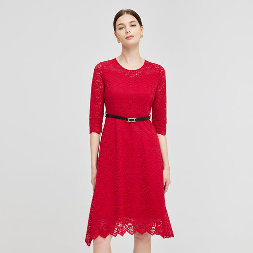 NG831斯尔丽2023秋季新款蕾丝实穿修身A摆圆领连衣裙 商品图0