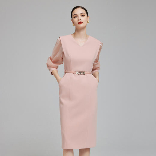 NG833斯尔丽2023秋季新款立体袖玻璃纱袖子配腰带时尚职场韩版连衣裙 商品图0