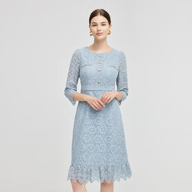 NG832斯尔丽2023秋季新款蕾丝减龄修身显瘦圆领连衣裙