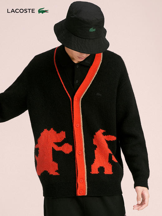 【海南专供价】Lacoste法国鳄鱼情侣款新款时尚黑红拼色针织开衫AH7373-98 商品图1