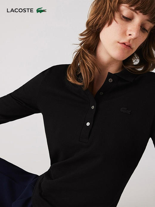 【海南专供价】Lacoste法国鳄鱼女装休闲风黑色百搭修身长袖翻领POLO衫PF5464-98 商品图3