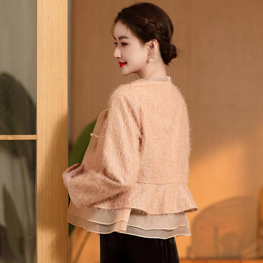 亮丝拼接修身上衣，改良国风唐装圆领长袖外套AYK-006 商品图3