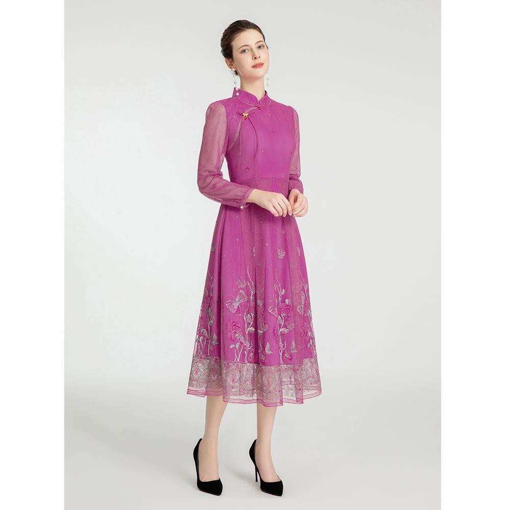 司歌国风改良旗袍连衣裙刺绣长袖裙A881298