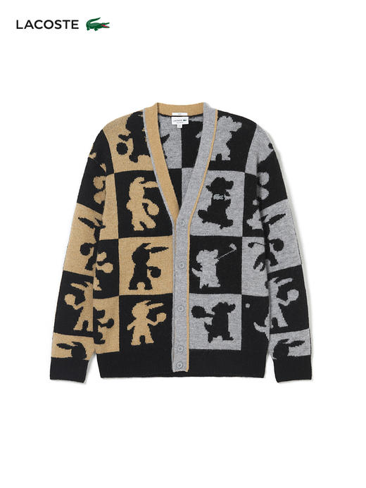 【海南专供价】Lacoste法国鳄鱼情侣款美拉德穿搭图案印花拼色V领针织开衫AH7374-98 商品图2