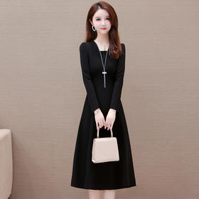 修身时尚，秋款V领长袖气质内搭打底裙黑色简约中长款连衣裙QYM-FL-23911-L