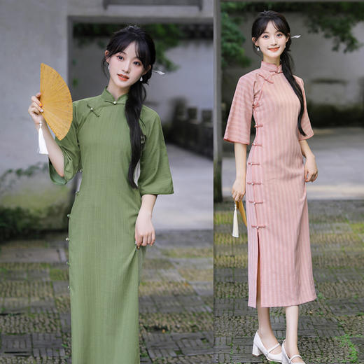 纯色全开襟长款，七分袖旗袍HYM-23482 商品图0