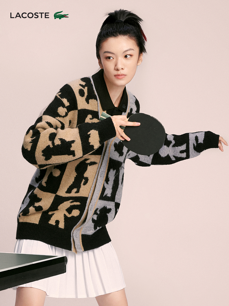 【海南专供价】Lacoste法国鳄鱼情侣款美拉德穿搭图案印花拼色V领针织开衫AH7374-98