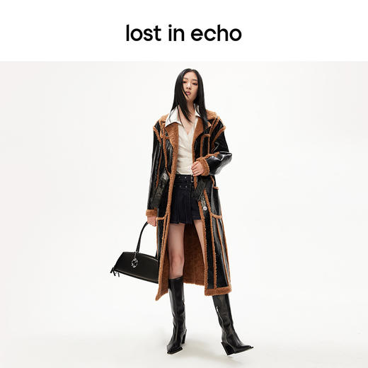 lost in echo设计师品牌时尚廓形羊毛里拼接PU长款皮衣外套大衣 商品图3