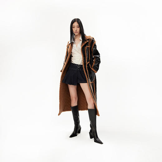 lost in echo设计师品牌时尚廓形羊毛里拼接PU长款皮衣外套大衣 商品图0