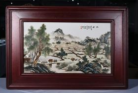 粉彩双抢图瓷板