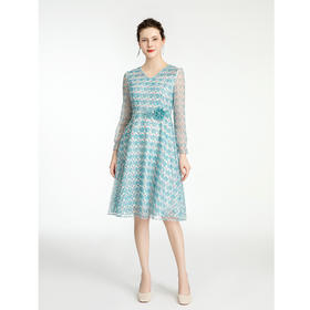 司歌印花网纱时尚修身长袖连衣裙A881160