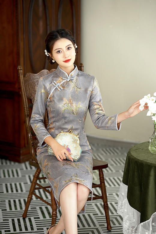 麦穗春秋年轻八分袖中式麂皮绒妈妈改良日常可穿旗袍MX-70110 商品图3