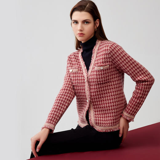 【小香风羊绒外套】羊绒世家23年秋冬新品女士100%山羊绒V领针织开衫外套 商品图0