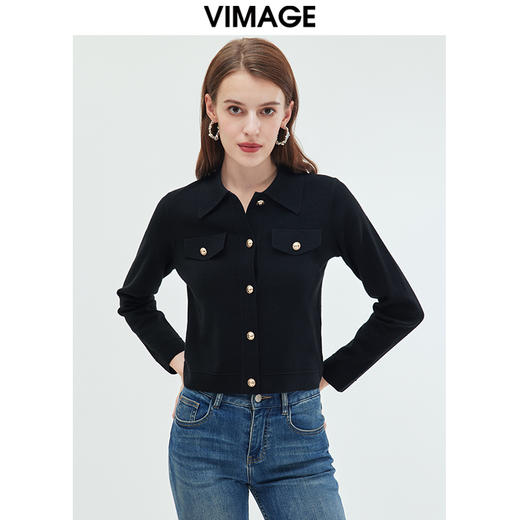 VIMAGE纬漫纪可机洗羊毛衫时尚显瘦白色polo翻领针织开衫秋新款VC2301208 商品图7