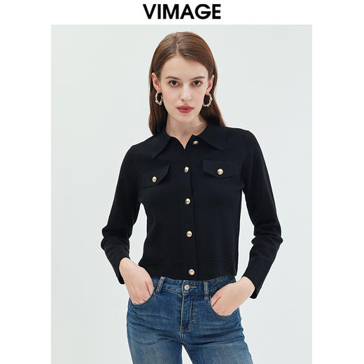 VIMAGE纬漫纪可机洗羊毛衫时尚显瘦白色polo翻领针织开衫秋新款VC2301208 商品图1