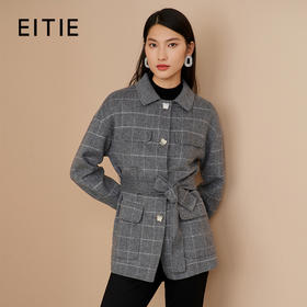 EITIE爱特爱纪冬季款时尚格纹收腰系带显瘦短款毛呢大衣6814518