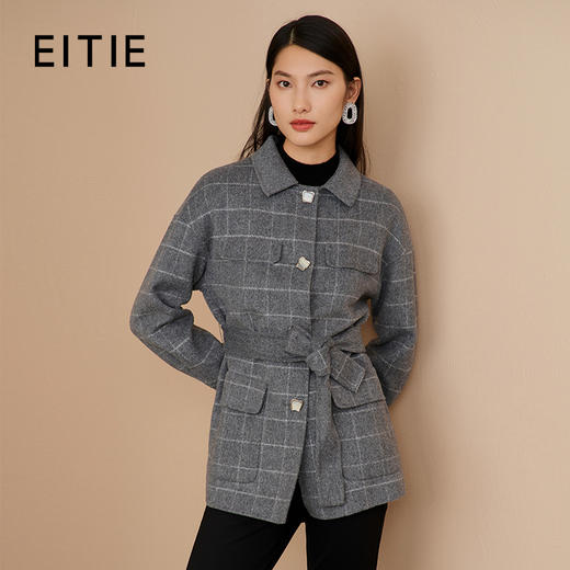 EITIE爱特爱纪冬季款时尚格纹收腰系带显瘦短款毛呢大衣6814518 商品图0