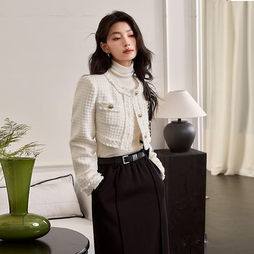 西遇小香风梭织外套秋冬新款米白色设计感宽松长袖短款上衣12138849 商品图2