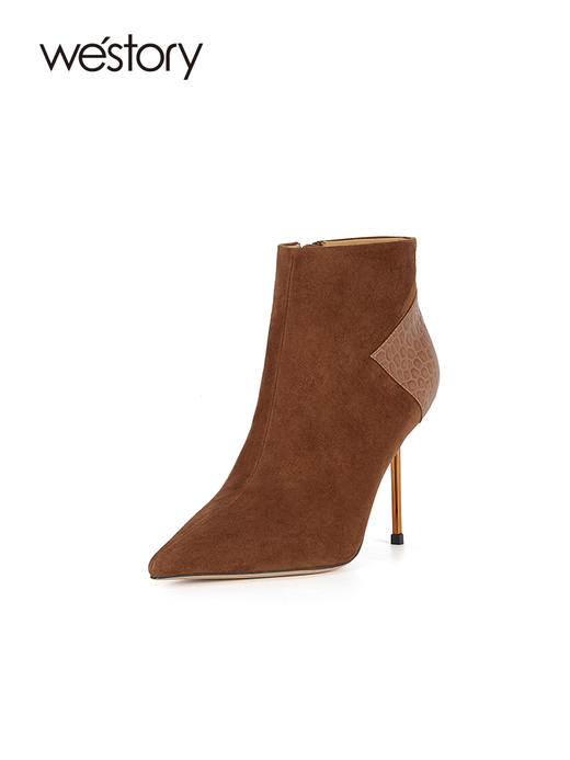 westory欧美范儿拼接4寸女靴女王鞋法式尖头高跟短靴真皮气质细跟短筒靴W23DS82961 商品图0