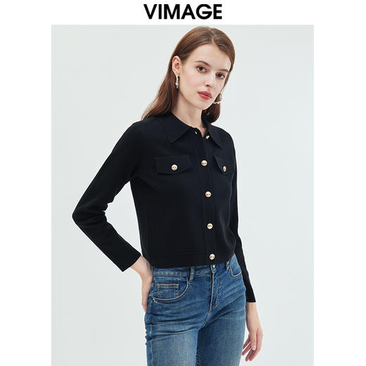 VIMAGE纬漫纪可机洗羊毛衫时尚显瘦白色polo翻领针织开衫秋新款VC2301208 商品图6