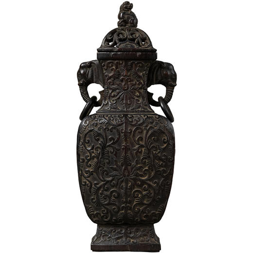 清 红木雕缠枝莲纹象鼻活环耳赏瓶 商品图5