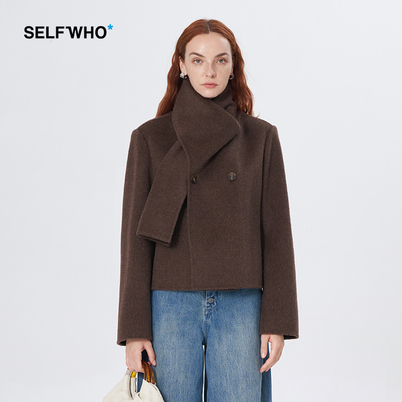 Self Who骆驼绒羊毛双面呢外套女秋冬2023新款高级感咖色毛呢大衣