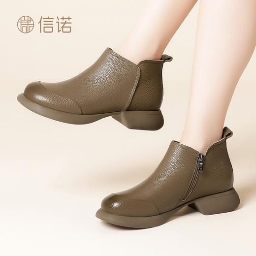 信诺真皮复古妈妈鞋短靴2023新款秋季中年及踝靴休闲软底女单靴子 商品图2