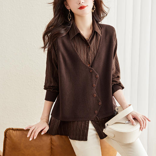 秋季新款，女装针织拼接衬衣春秋洋气时尚假两件女上衣长袖衬衫CC-16-2380 商品图2