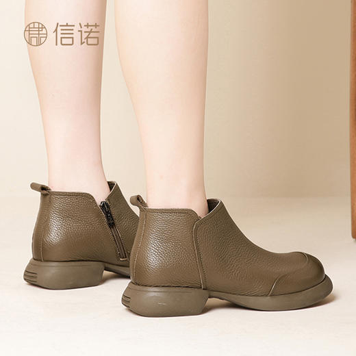 信诺真皮复古妈妈鞋短靴2023新款秋季中年及踝靴休闲软底女单靴子 商品图4