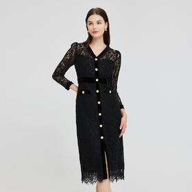 NG844斯尔丽2023秋季新款法式优雅拼接丝绒蕾丝连衣裙