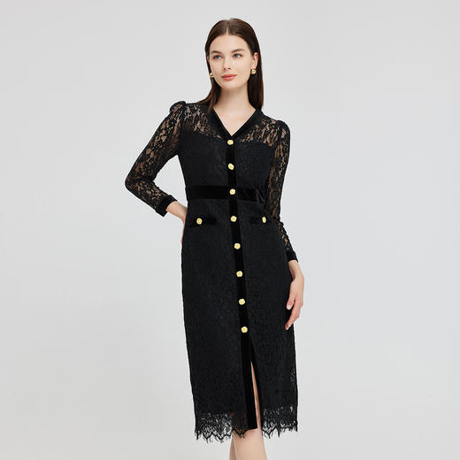 NG844斯尔丽2023秋季新款法式优雅拼接丝绒蕾丝连衣裙 商品图0