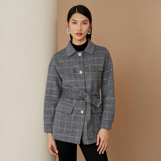 EITIE爱特爱纪冬季款时尚格纹收腰系带显瘦短款毛呢大衣6814518 商品图2