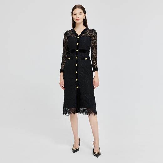 NG844斯尔丽2023秋季新款法式优雅拼接丝绒蕾丝连衣裙 商品图3