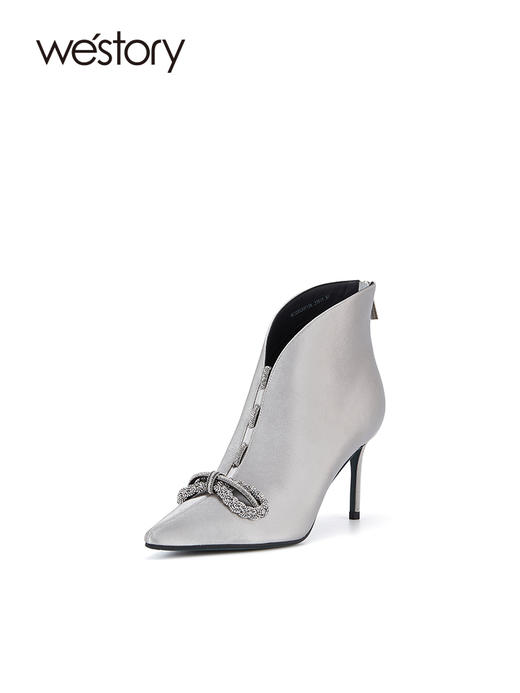 westory2023秋季新品真皮尖头细跟短靴v斜切时尚百搭时装靴W23DS83001 商品图2