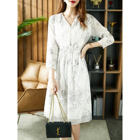 【现货款】温柔V领印花连衣裙女2023夏季新款ins气质收腰系带显瘦裙子