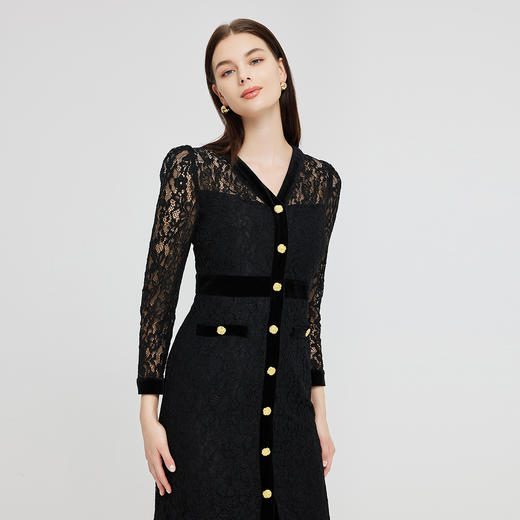 NG844斯尔丽2023秋季新款法式优雅拼接丝绒蕾丝连衣裙 商品图2