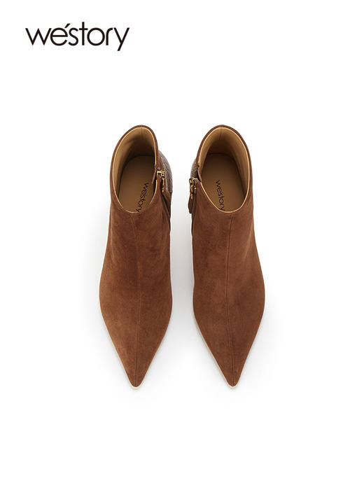 westory欧美范儿拼接4寸女靴女王鞋法式尖头高跟短靴真皮气质细跟短筒靴W23DS82961 商品图1
