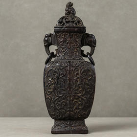 清 红木雕缠枝莲纹象鼻活环耳赏瓶