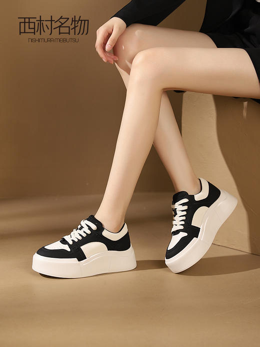 西村名物2023秋季新品女厚底黑白色面包板鞋休闲熊猫鞋皮面T23CM35771 商品图2