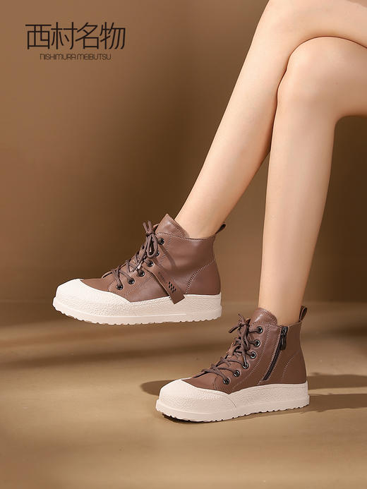 西村名品2023秋季新品真皮防滑乐福鞋厚底高帮ins潮运动板鞋X23DS45451 商品图2