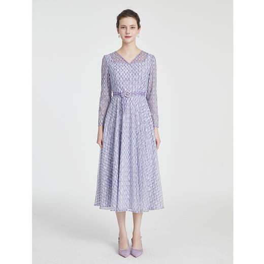 司歌V领端庄几何连衣裙印花气质优雅A881356 商品图2