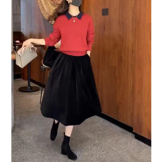 2023新款时尚翻领长袖打底衫+半身裙套装 商品图0