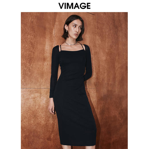 VIMAGE纬漫纪冬季新款纯色百搭洋气收腰连衣裙V2007627 商品图1